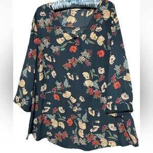 Maurices Top XXL Blue Floral Print Silky Popover Shirt Blouse